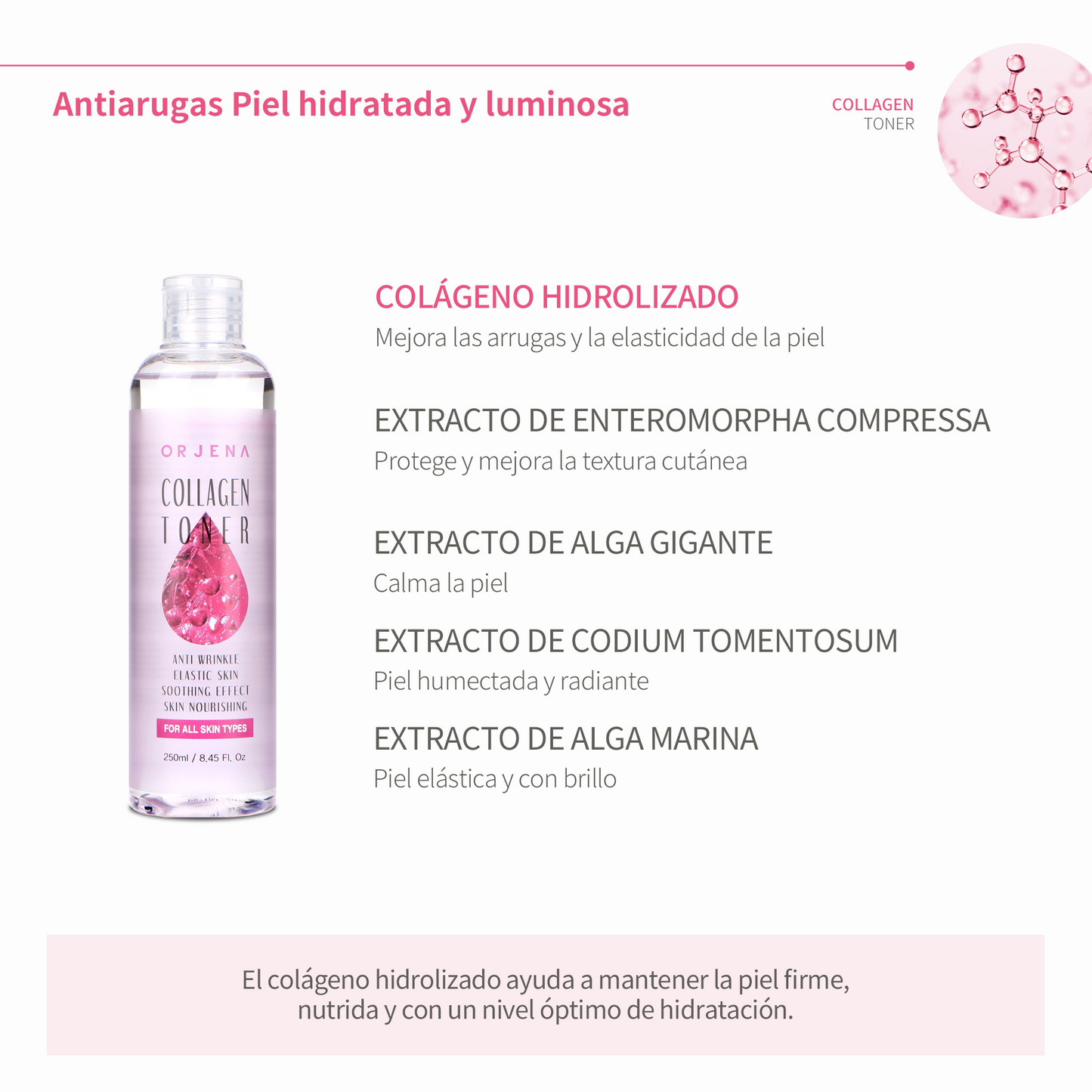 ORJENA Collagen Toner 250ml – Tónico Facial Hidratante y Reafirmante con Colágeno Hidrolizado para Mejorar Elasticidad y Suavidad