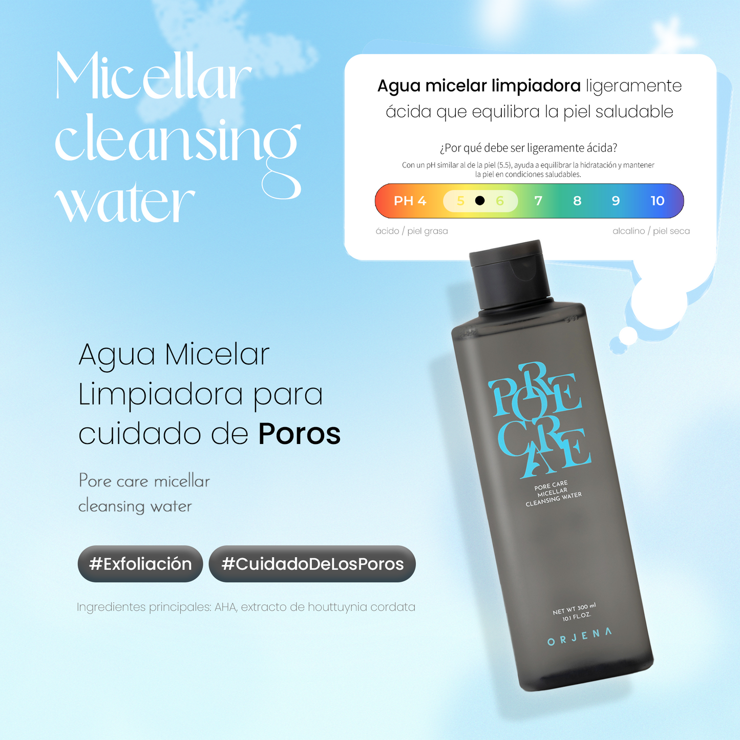 ORJENA Pore Care Micellar Cleansing Water 300ml – Agua Micelar con AHA, BHA y Extractos Naturales para Limpieza Profunda y Cuidado de Poros