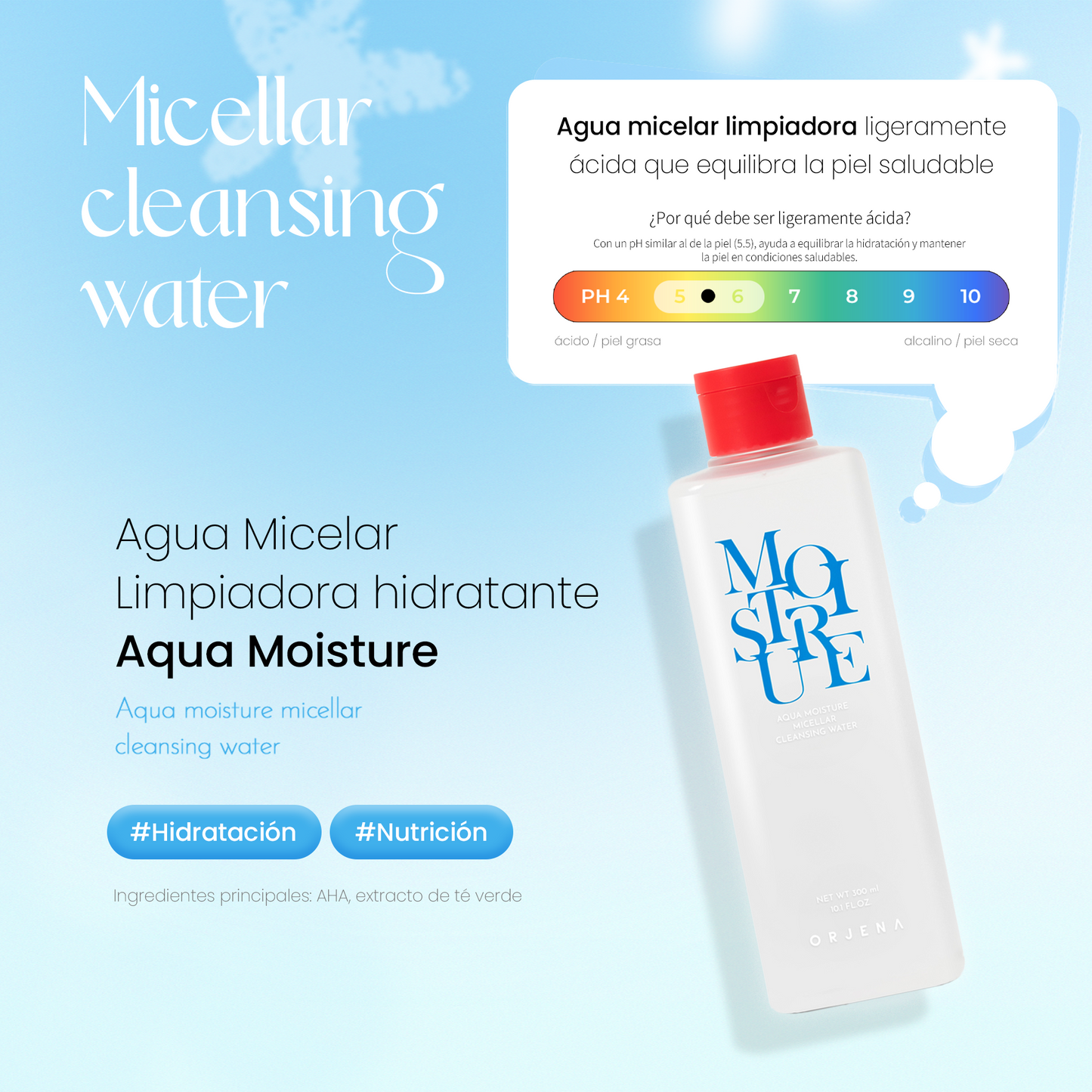 ORJENA Aqua Moisture Micellar Cleansing Water 300ml – Agua Micelar Hidratante con Ácido Hialurónico y Extracto de Té Verde para Limpieza Suave y Equilibrio de la Piel