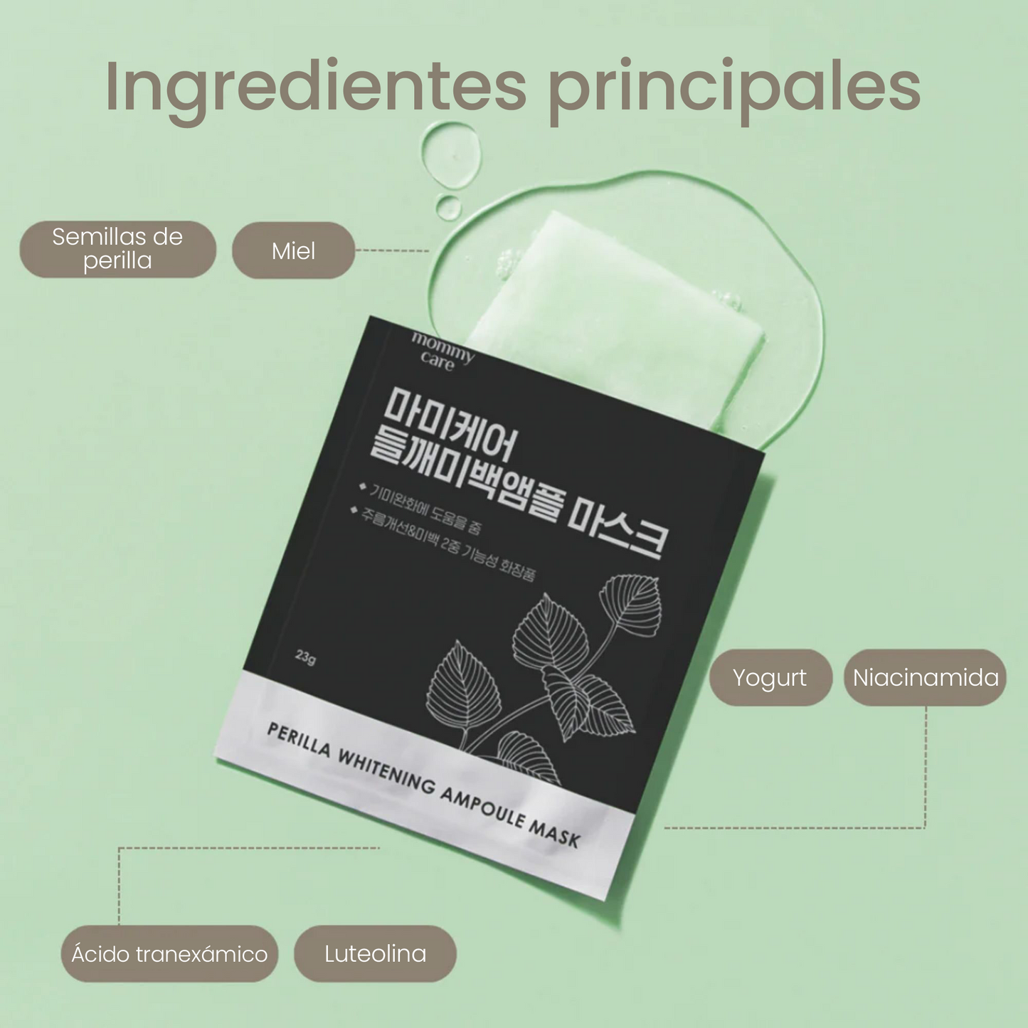 MOMMY CARE Perilla Whitening Ampoule Mask 23g*7ea – Mascarillas Faciales Coreanas Aclaradoras con Extracto de Perilla y Niacinamida, Pack 7 Unidades