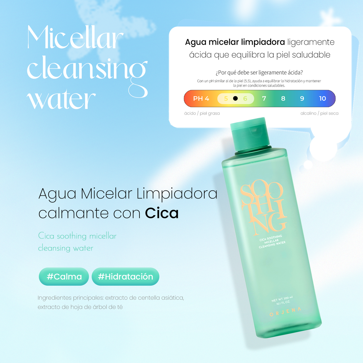 ORJENA Cica Calming Micellar Cleansing Water 300ml – Agua Micelar Calmante con Extracto de Centella Asiática y Tea Tree para Piel Sensible y Propensa a Rojeces