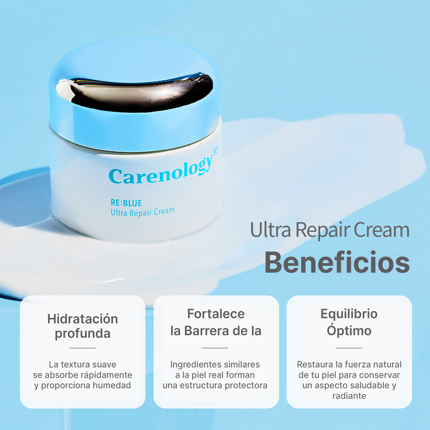 CARENOLOGY95 BLUE Ultra Repair Cream Plus 50ml – Crema Facial Coreana Reparadora Intensiva, Hidratante y Calmante para Piel Muy Sensible y Reactiva